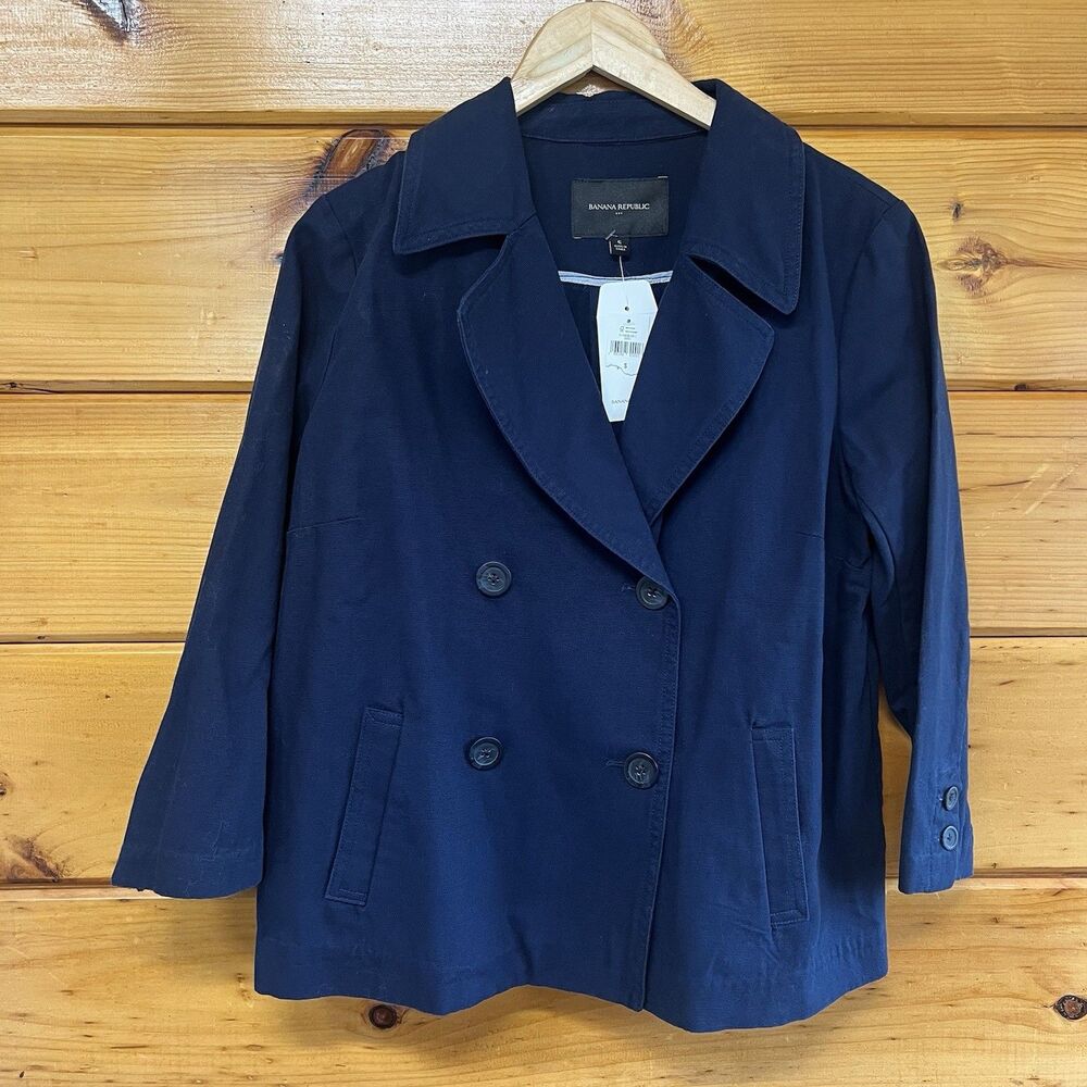 NWT Banana Republic Blazer Women's S Navy Double Breasted Cotton 3/4 Sleeve